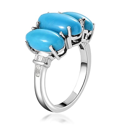 Sleeping Beauty Turquoise and Diamond 3 Stone Ring in Platinum Over Sterling Silver (Size 10.0) 4.85 ctw