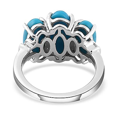 Sleeping Beauty Turquoise and Diamond 3 Stone Ring in Platinum Over Sterling Silver (Size 10.0) 4.85 ctw