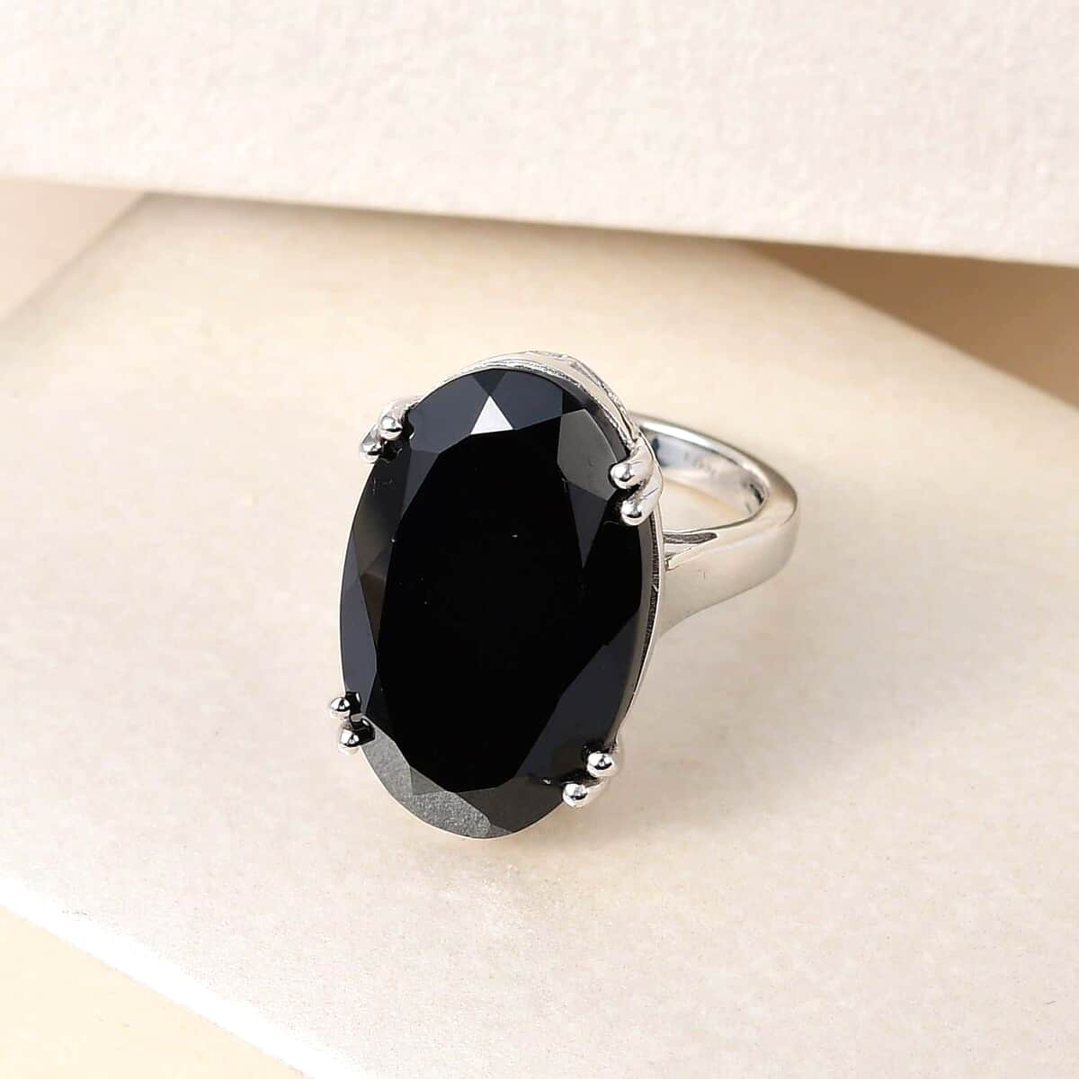 Natural Thai Black Spinel Solitaire Ring in Platinum Over Sterling Silver (Size 10.0) 30.00 ctw image number 1