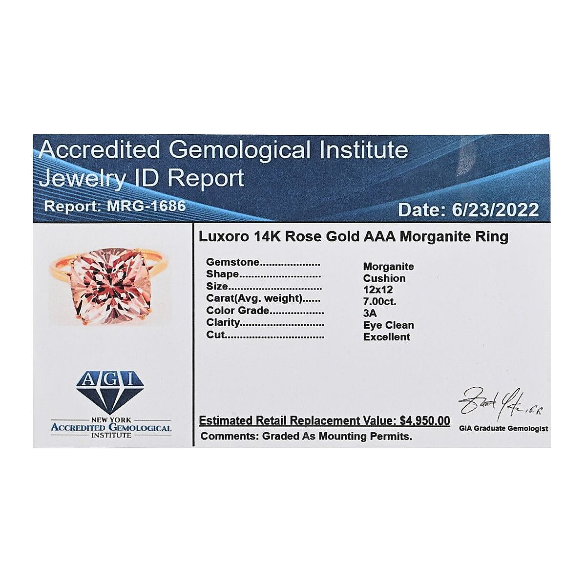 Certified Luxoro 14K Rose Gold AAA Marropino Morganite Solitaire Ring (Size 9.0) 7.00 ctw image number 6