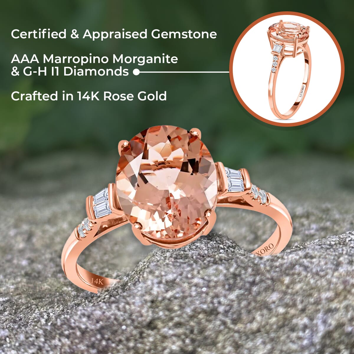 Ankur Treasure Chest Certified and Appraised Luxoro 14K Rose Gold AAA Marropino Morganite and G-H I1 Diamond Ring (Size 8.0) 4.05 ctw image number 3