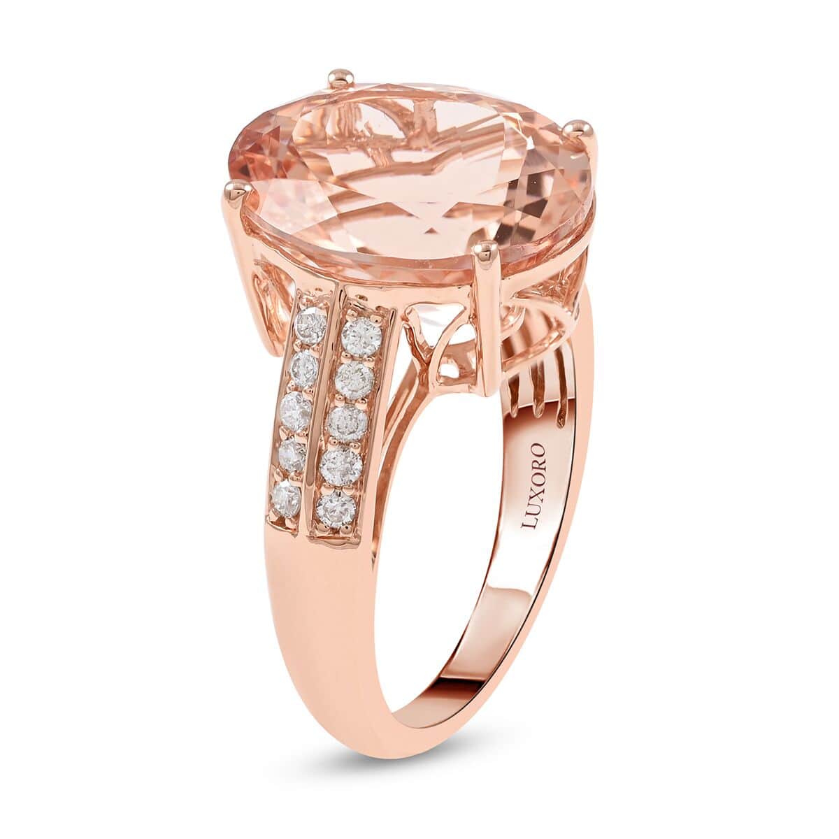 Certified Luxoro 14K Rose Gold AAA Marropino Morganite and G-H I1 Diamond Ring (Size 6.0) 6.85 ctw image number 3