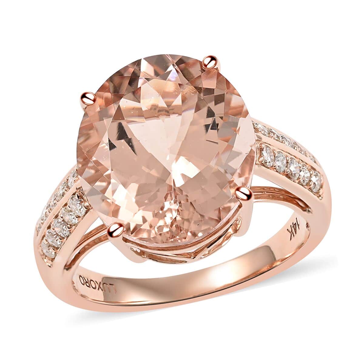 Certified Luxoro 14K Rose Gold AAA Marropino Morganite and G-H I1 Diamond Ring (Size 8.0) 6.85 ctw image number 0