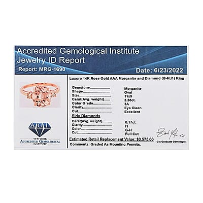 Certified and Appraised Luxoro 14K Rose Gold AAA Marropino Morganite and G-H I1 Diamond Ring (Size 6.0) 3.55 ctw