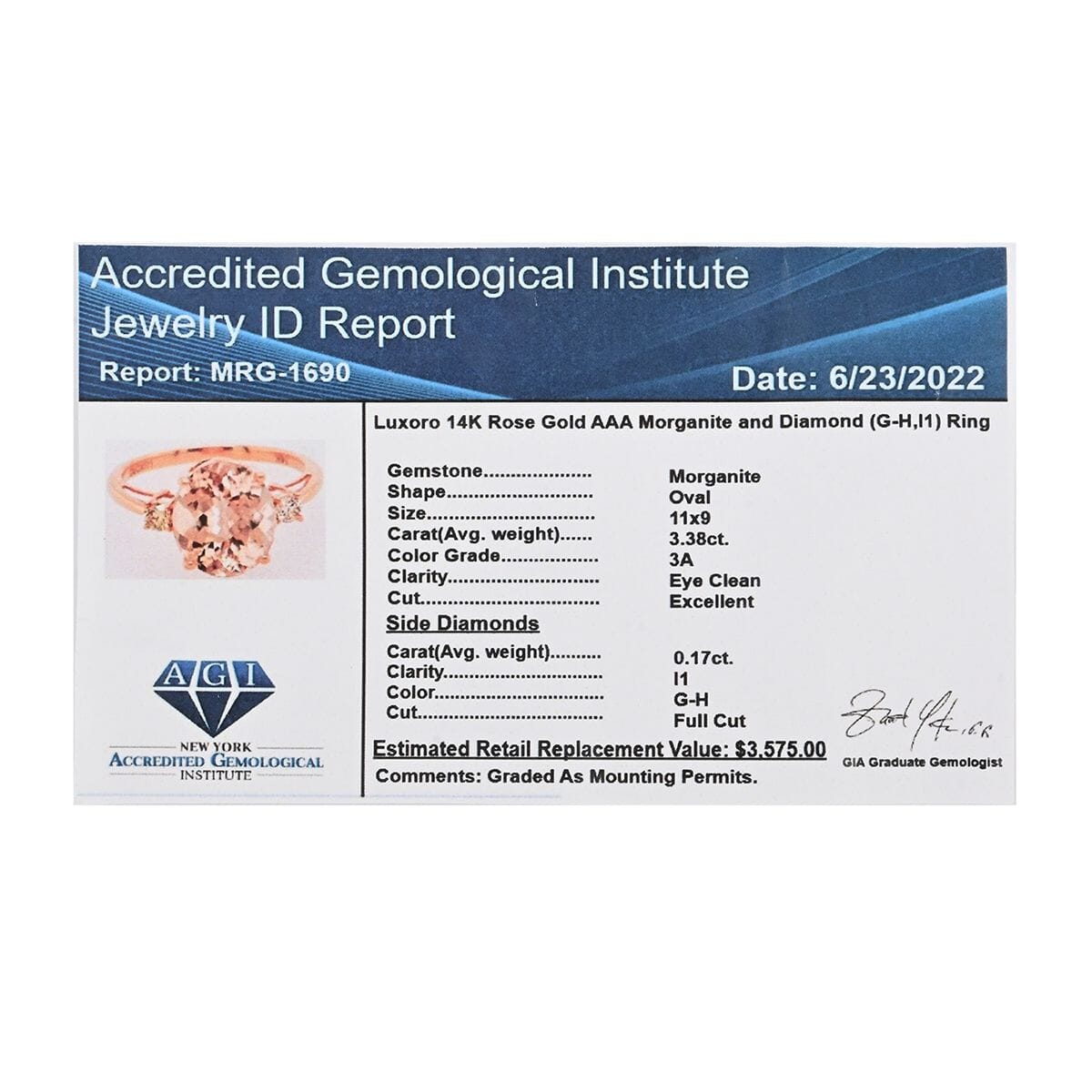 Certified & Appraised Luxoro 14K Rose Gold AAA Marropino Morganite and G-H I1 Diamond Ring (Size 8.0) 3.55 ctw image number 6