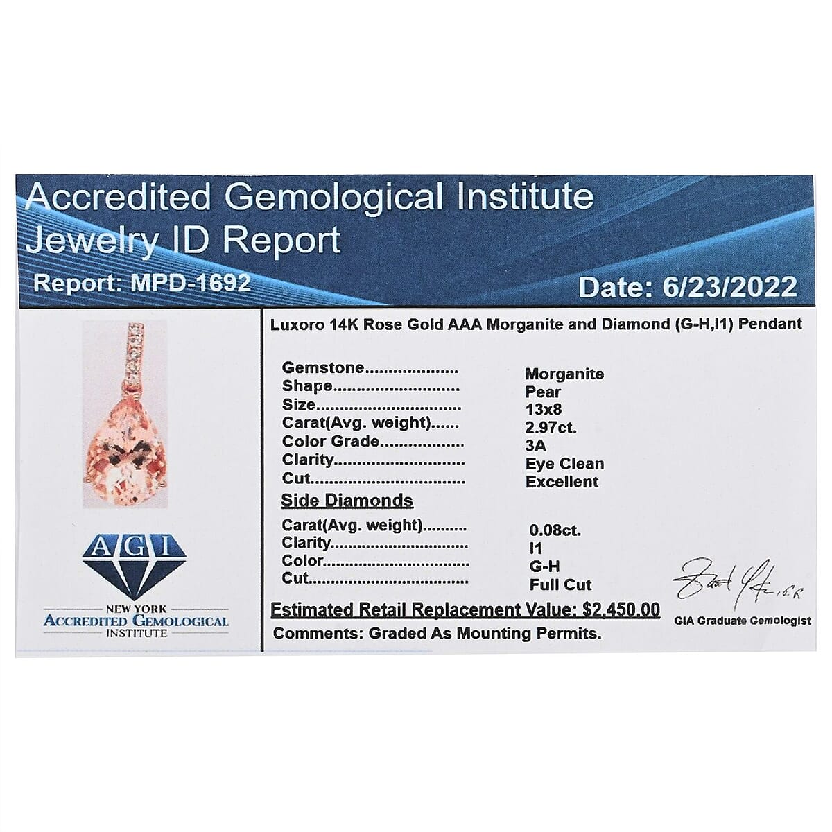 Certified and Appraised Luxoro 14K Rose Gold AAA Marropino Morganite and G-H I1 Diamond Drop Pendant without Chain 3.05 ctw image number 5