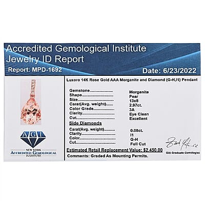 Certified and Appraised Luxoro 14K Rose Gold AAA Marropino Morganite and G-H I1 Diamond Drop Pendant without Chain 3.05 ctw
