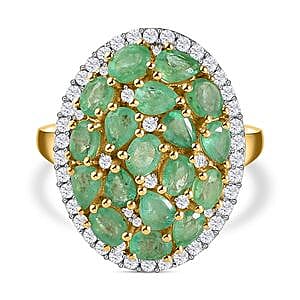 Kagem Zambian Emerald and White Zircon 3.40 ctw Cluster Ring in 14K YG Over Sterling Silver (Size 6.5)