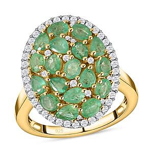 Kagem Zambian Emerald and White Zircon 3.40 ctw Cluster Ring in 14K YG Over Sterling Silver (Size 6.5)
