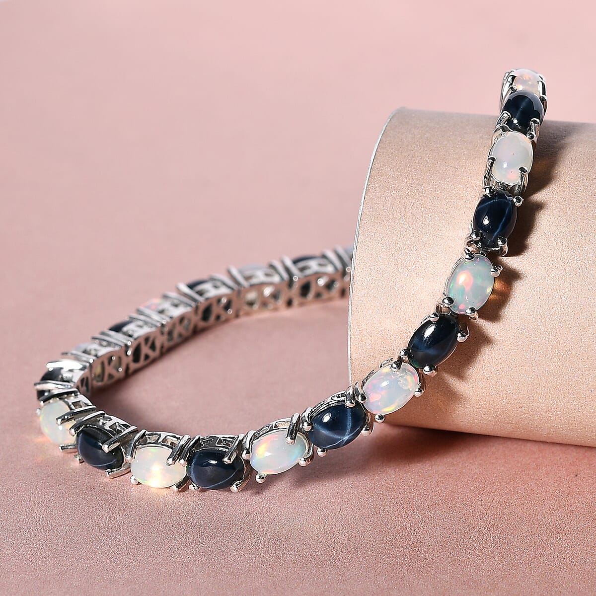 Blue Star Sapphire (DF) and Ethiopian Welo Opal Tennis Bracelet in Platinum Over Sterling Silver (6.50 In) 13.40 ctw image number 1