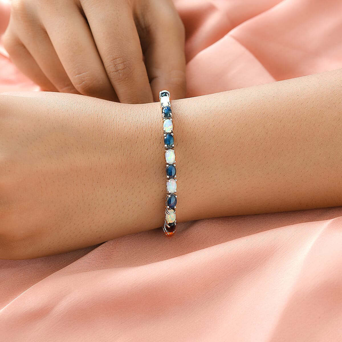 Blue Star Sapphire (DF) and Ethiopian Welo Opal Tennis Bracelet in Platinum Over Sterling Silver (6.50 In) 13.40 ctw image number 2