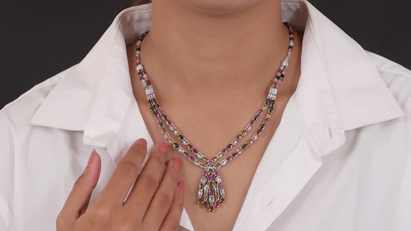 Multi-Tourmaline Water Fall Necklace 18 Inches in Platinum Over Sterling Silver 74.60 ctw