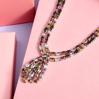 Multi-Tourmaline Water Fall Necklace 18 Inches in Platinum Over Sterling Silver 74.60 ctw