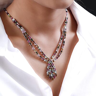 Multi-Tourmaline Water Fall Necklace 18 Inches in Platinum Over Sterling Silver 74.60 ctw
