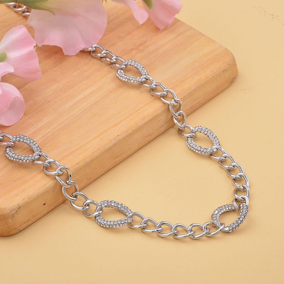 Austrian Crystal Curb Chain Station Necklace 20-22 Inches in Silvertone image number 1