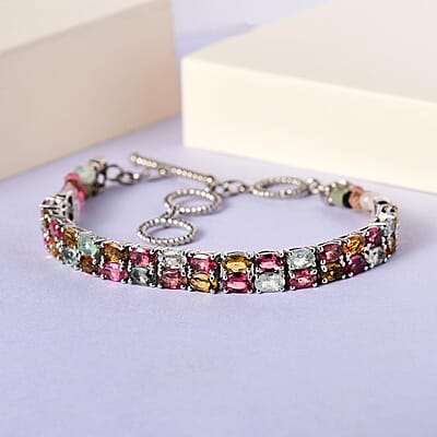 Multi-Tourmaline Fancy Bracelet in Platinum Over Sterling Silver (6.50 In) 15.50 ctw