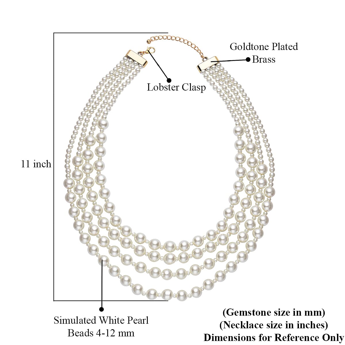 Simulated White Pearl 4-12mm Necklace 21-23 Inches in Goldtone