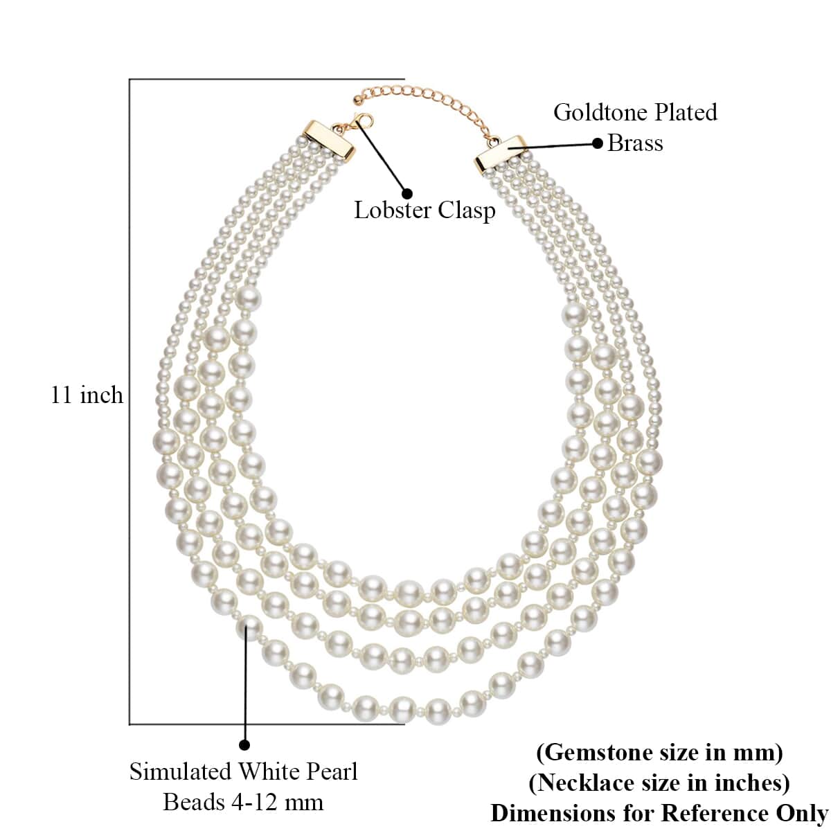 Simulated White Pearl 4-12mm Necklace 21-23 Inches in Goldtone image number 4