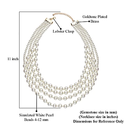 Simulated White Pearl 4-12mm Necklace 21-23 Inches in Goldtone