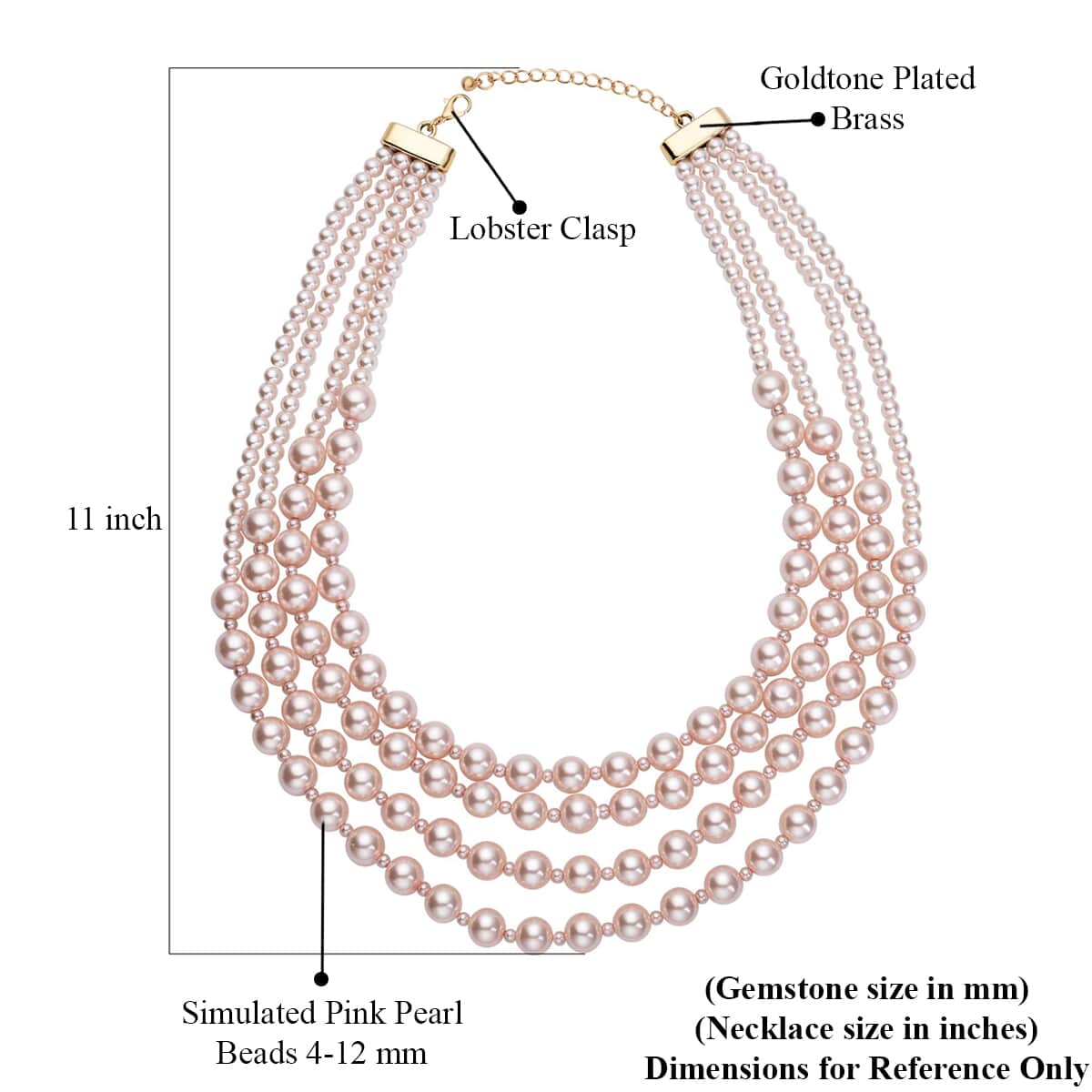 Simulated Pink Pearl 4-12mm Necklace 21-23 Inches in Goldtone image number 4