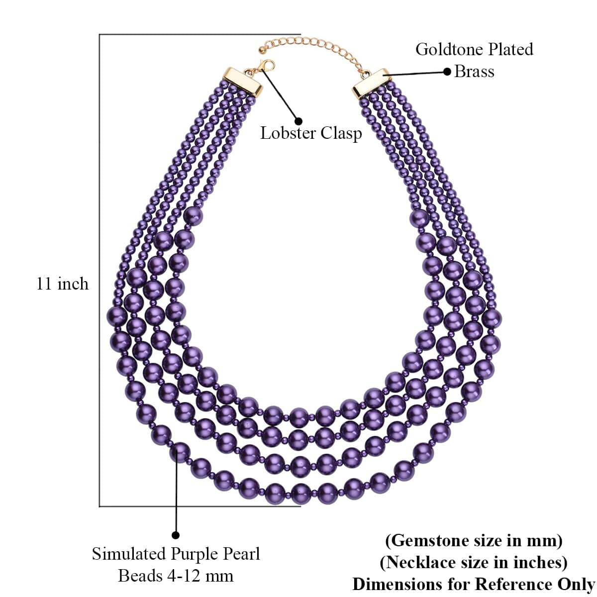 Simulated Purple Pearl 4-12mm Necklace 21-23 Inches in Goldtone image number 4