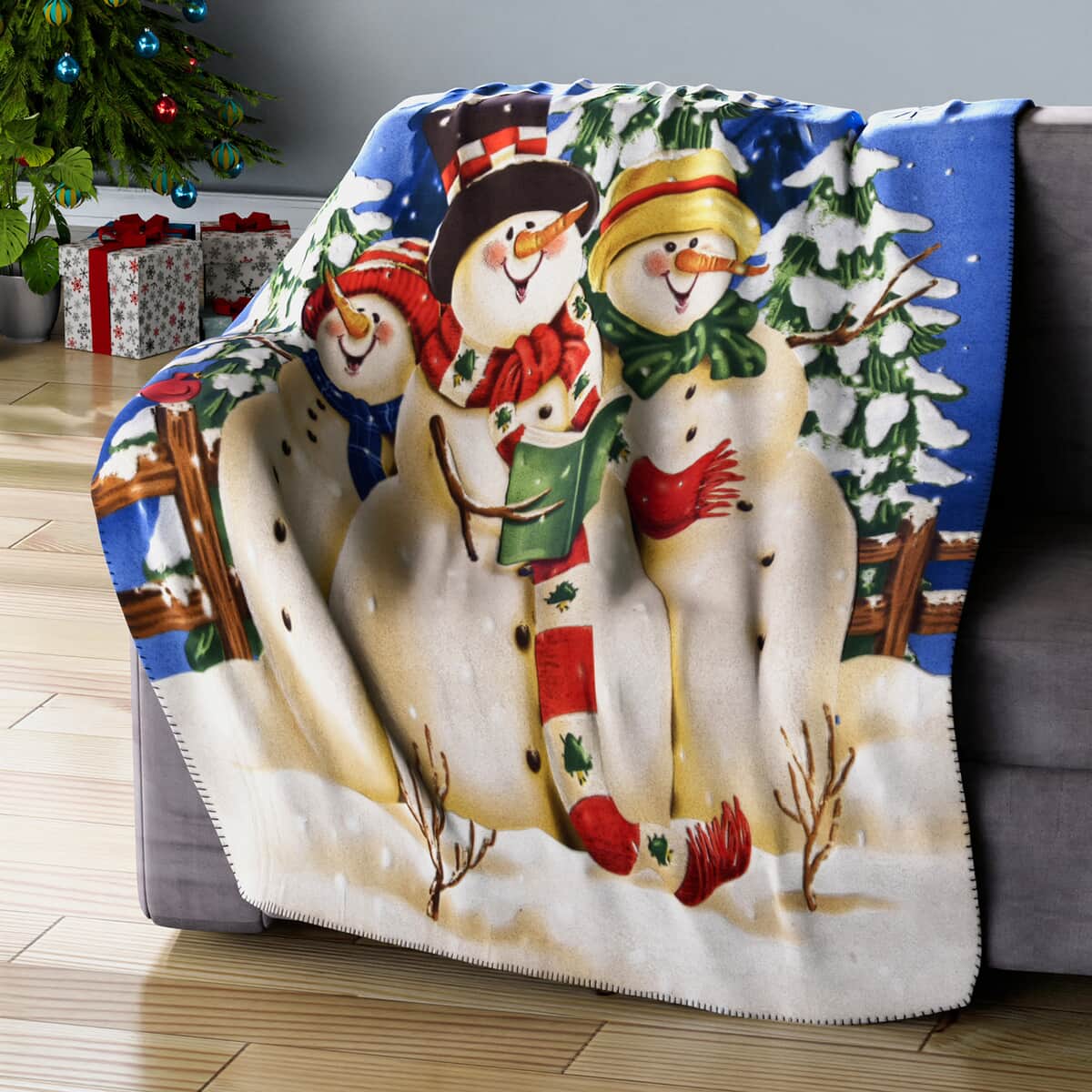 Homesmart Fleece X'mas Three Snowman and Christmas Pattern Photo Print Blanket (51x66) image number 0