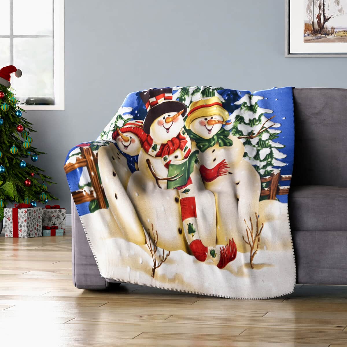 Homesmart Fleece X'mas Three Snowman and Christmas Pattern Photo Print Blanket (51x66) image number 1
