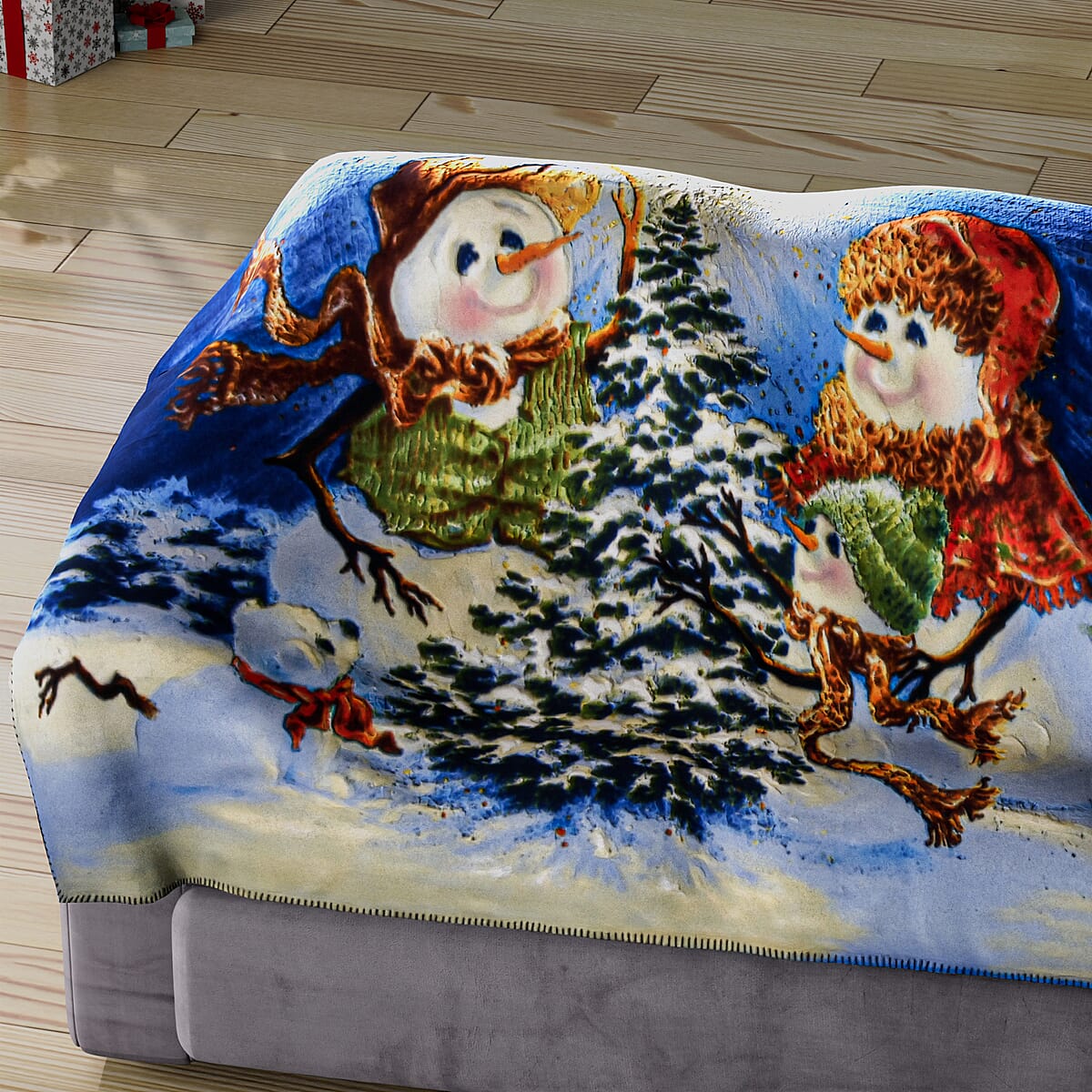 Homesmart Fleece X'mas Two Snowman and Christmas Tree Pattern Photo Print Blanket image number 1