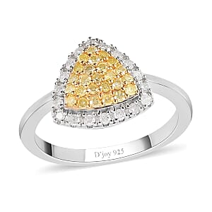 Natural Yellow and White Diamond I3 Cluster Ring in Rhodium and Platinum Over Sterling Silver (Size 7.0) 0.50 ctw