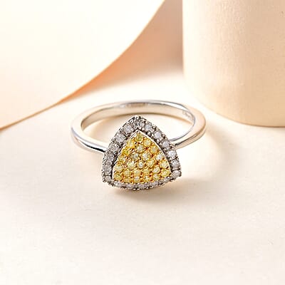 Natural Yellow and White Diamond I3 Cluster Ring in Rhodium and Platinum Over Sterling Silver (Size 7.0) 0.50 ctw