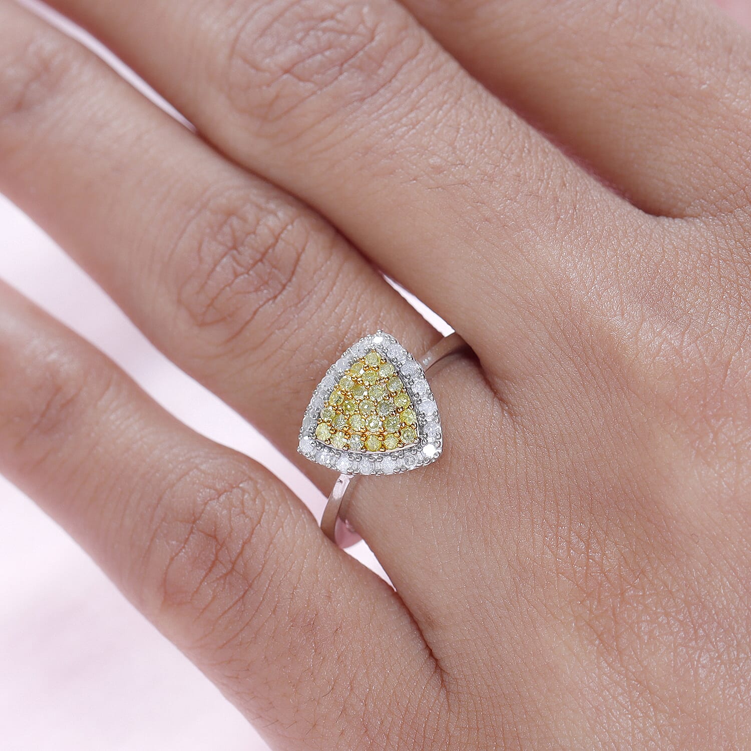 Natural Yellow and White Diamond I3 Cluster Ring in Rhodium and Platinum Over Sterling Silver (Size 7.0) 0.50 ctw