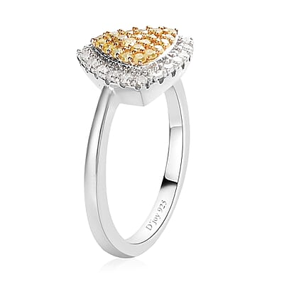 Natural Yellow and White Diamond I3 Cluster Ring in Rhodium and Platinum Over Sterling Silver (Size 7.0) 0.50 ctw