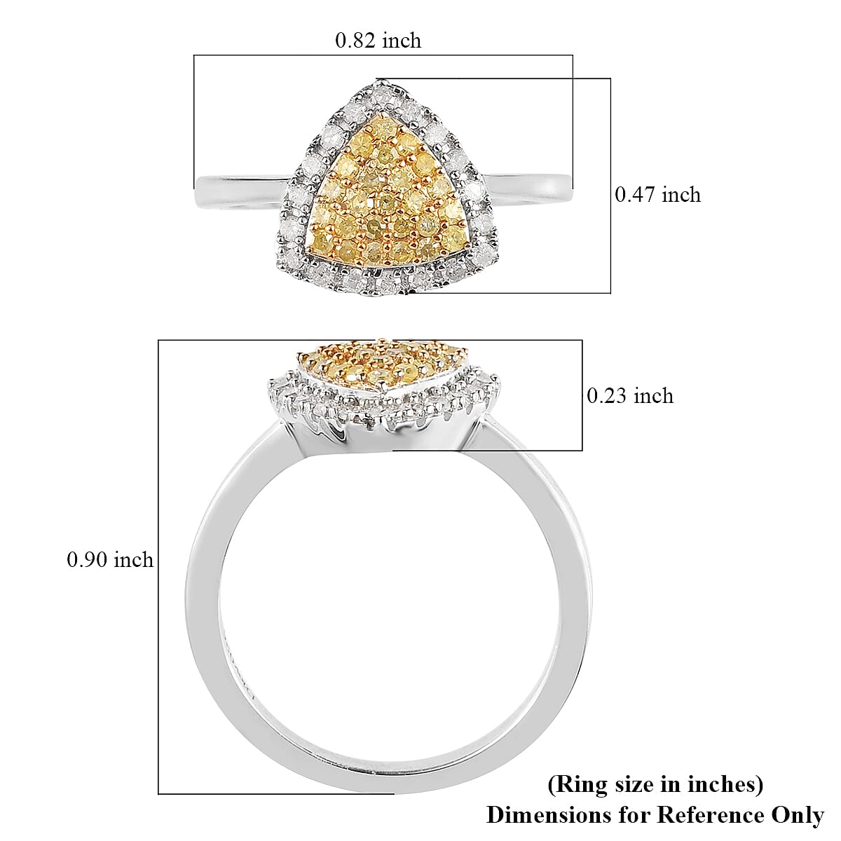 Natural Yellow and White Diamond I3 Cluster Ring in Rhodium and Platinum Over Sterling Silver (Size 7.0) 0.50 ctw