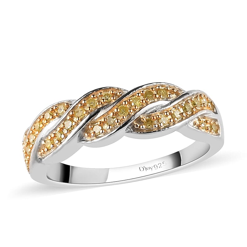 Natural Yellow Diamond I3 Criss Cross Ring in Rhodium and Platinum Over Sterling Silver (Size 10.0) 0.15 ctw