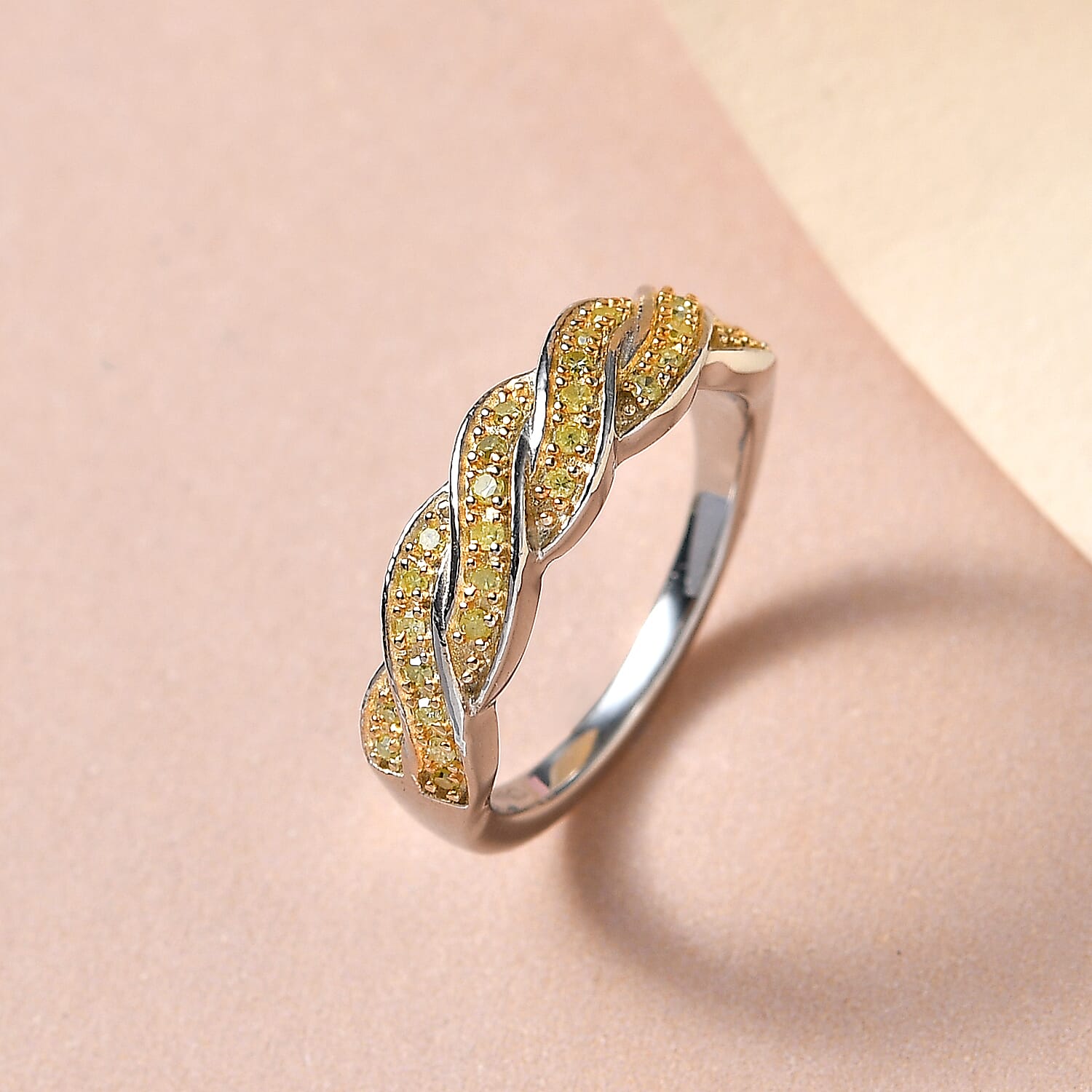 Natural Yellow Diamond I3 Criss Cross Ring in Rhodium and Platinum Over Sterling Silver (Size 10.0) 0.15 ctw