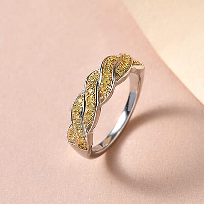Natural Yellow Diamond I3 Criss Cross Ring in Rhodium and Platinum Over Sterling Silver (Size 10.0) 0.15 ctw