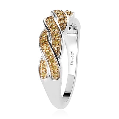 Natural Yellow Diamond I3 Criss Cross Ring in Rhodium and Platinum Over Sterling Silver (Size 10.0) 0.15 ctw