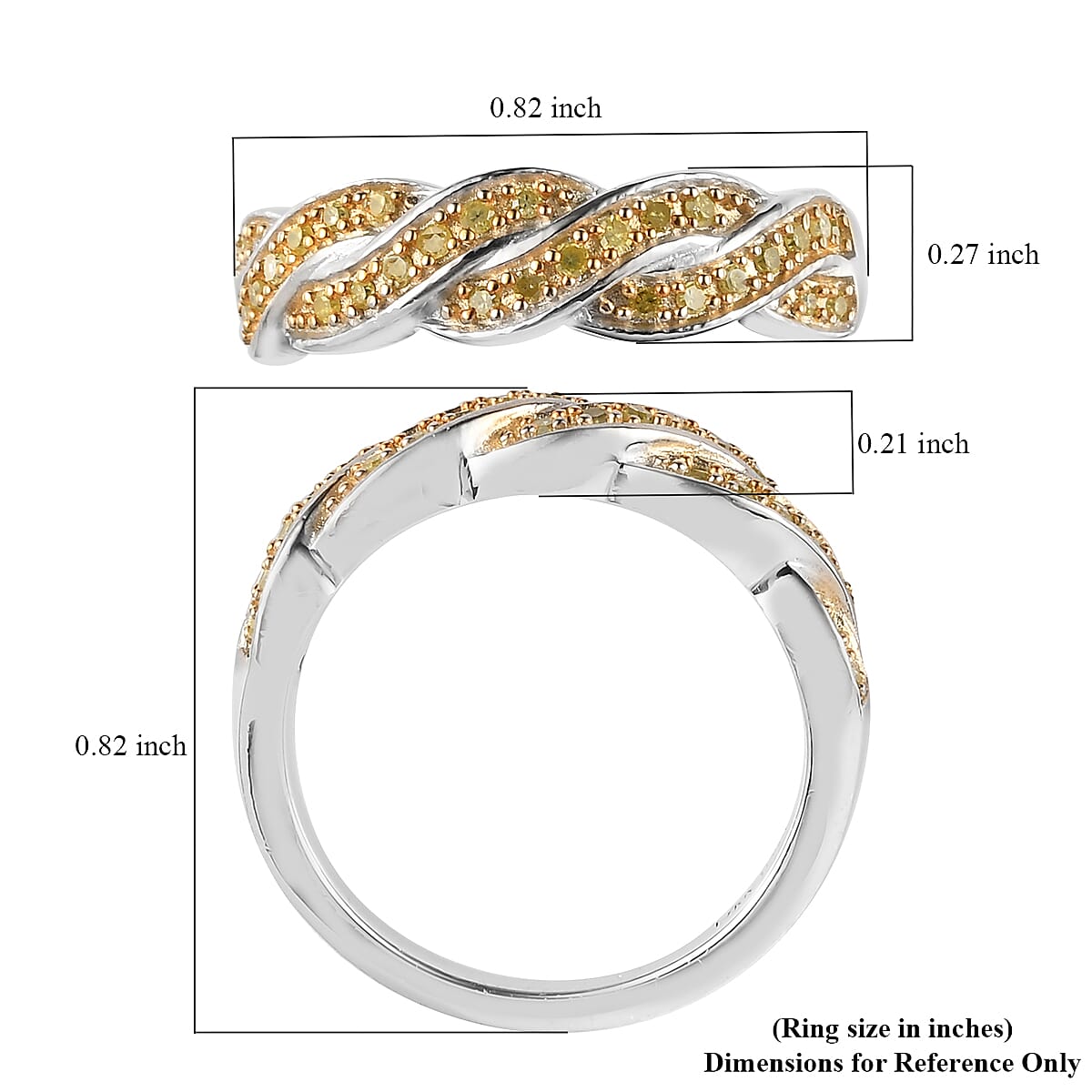 Natural Yellow Diamond I3 Criss Cross Ring in Rhodium and Platinum Over Sterling Silver (Size 10.0) 0.15 ctw