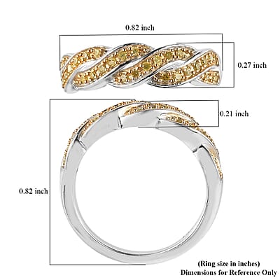 Natural Yellow Diamond I3 Criss Cross Ring in Rhodium and Platinum Over Sterling Silver (Size 10.0) 0.15 ctw