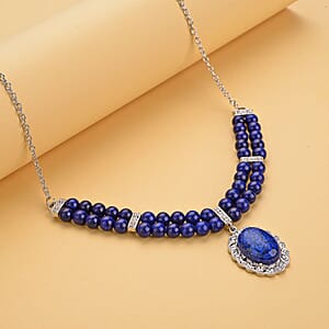 Lapis Lazuli 95.00 ctw Beaded Necklace 18-20 Inches in Silvertone