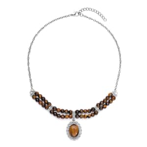 Yellow Tiger's Eye Beaded Necklace 18-20 Inches in Silvertone 95.00 ctw