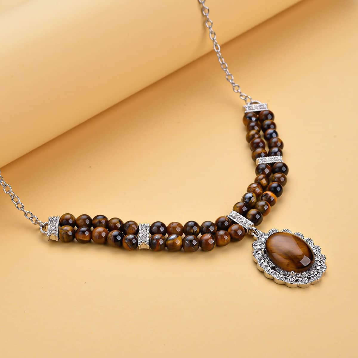 Yellow Tiger's Eye Beaded Necklace 18-20 Inches in Silvertone 95.00 ctw image number 1