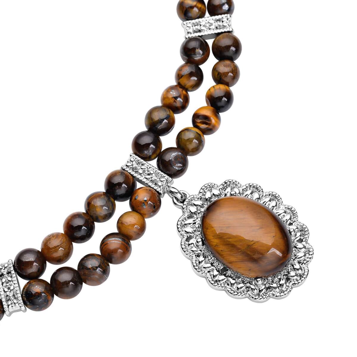 Yellow Tiger's Eye 95.00 ctw Beaded Necklace 18-20 Inches in Silvertone image number 2