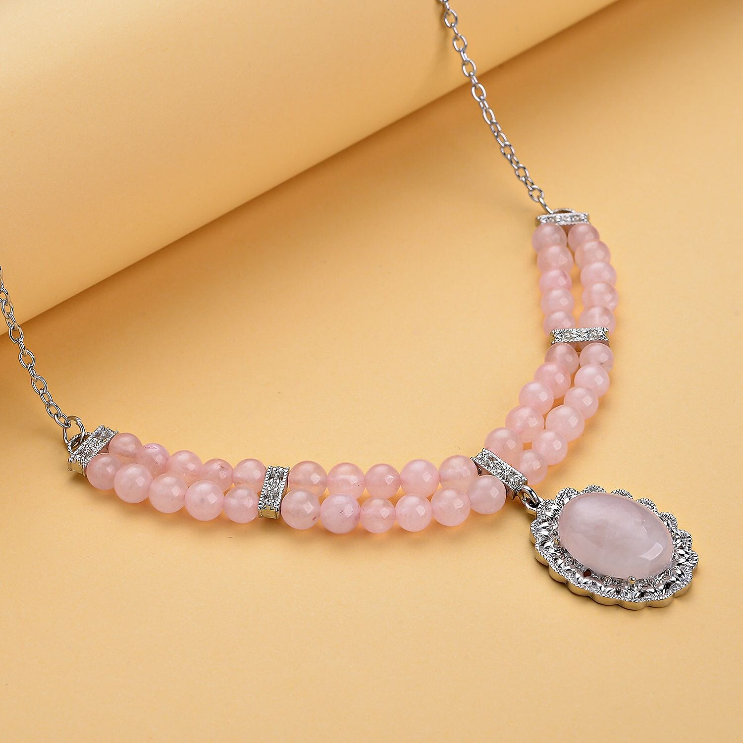 Galilea Rose Quartz 95.00 ctw Beaded Necklace 18-20 Inches in Silvertone