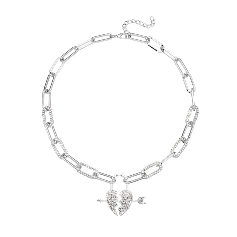 Austrian Crystal Paper Clip Chain Heart Necklace 20-22 Inches in Silvertone