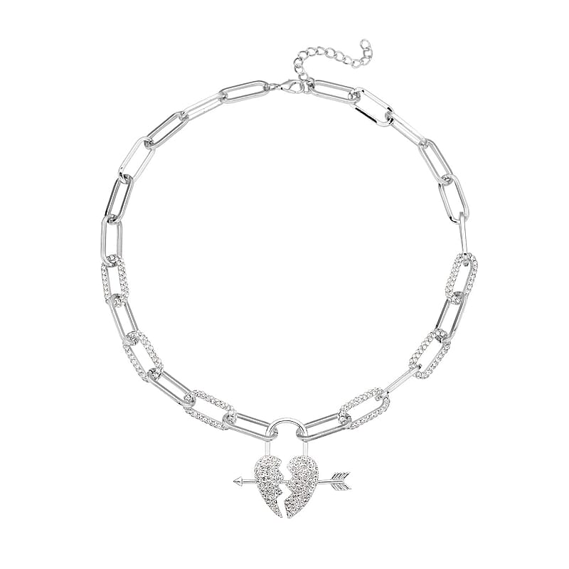 Austrian Crystal Paper Clip Chain Heart Necklace 20-22 Inches in Silvertone
