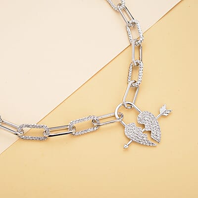 Austrian Crystal Paper Clip Chain Heart Necklace 20-22 Inches in Silvertone