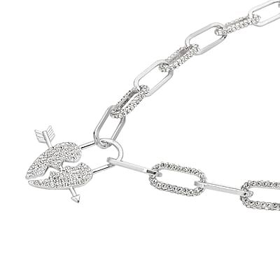 Austrian Crystal Paper Clip Chain Heart Necklace 20-22 Inches in Silvertone