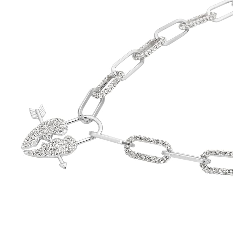 Austrian Crystal Paper Clip Chain Heart Necklace 20-22 Inches in Silvertone