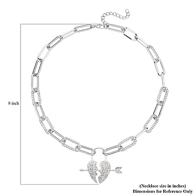 Austrian Crystal Paper Clip Chain Heart Necklace 20-22 Inches in Silvertone